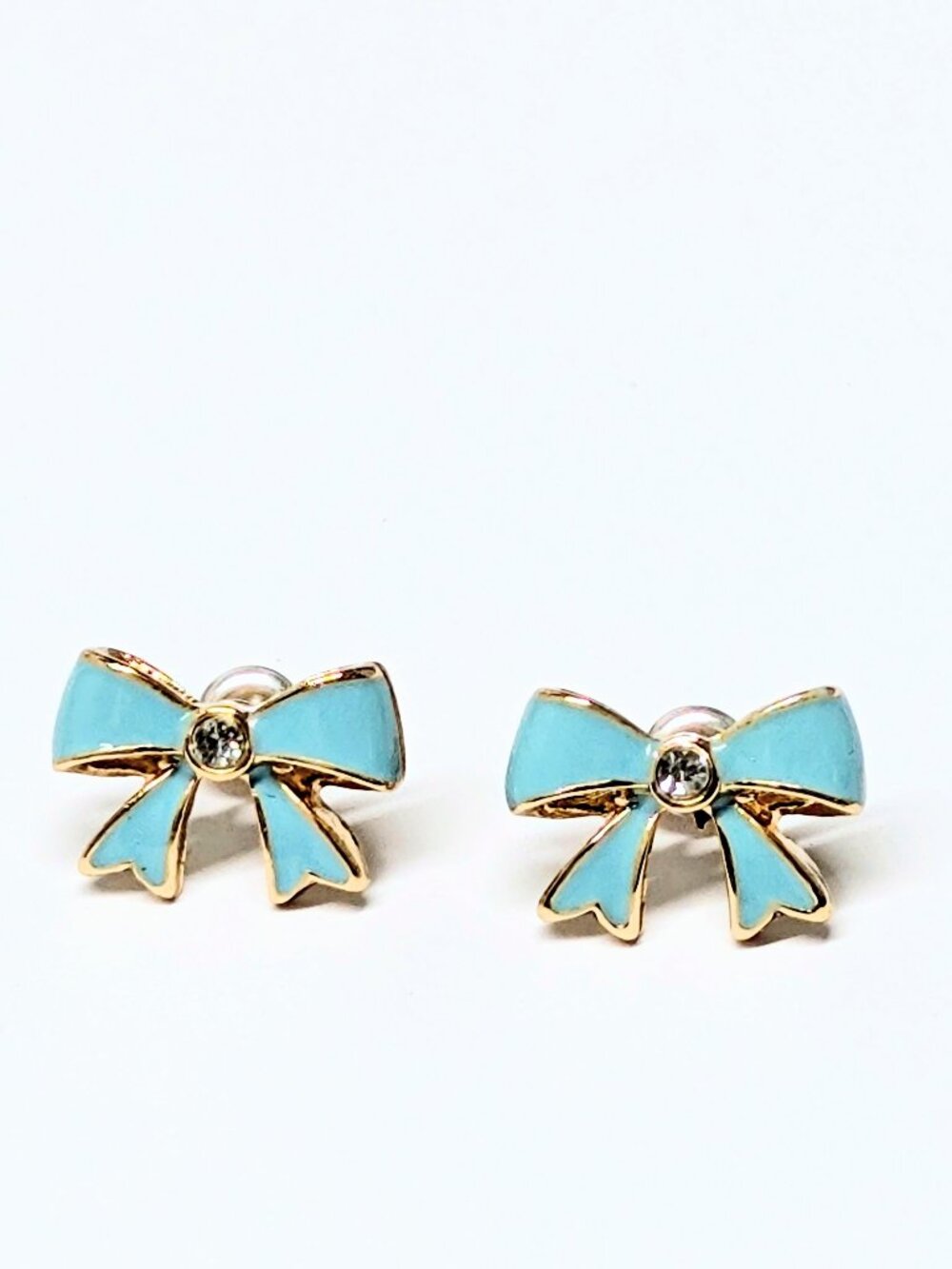 Vintage NR Avon Teal Blue Enamel Rhinestone Bow Stud Earrings